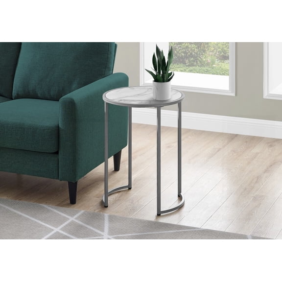 Round Accent Table for Living/Bedroom, White Marble Laminate, Grey Metal Legs, Contemporary & Easy to Move