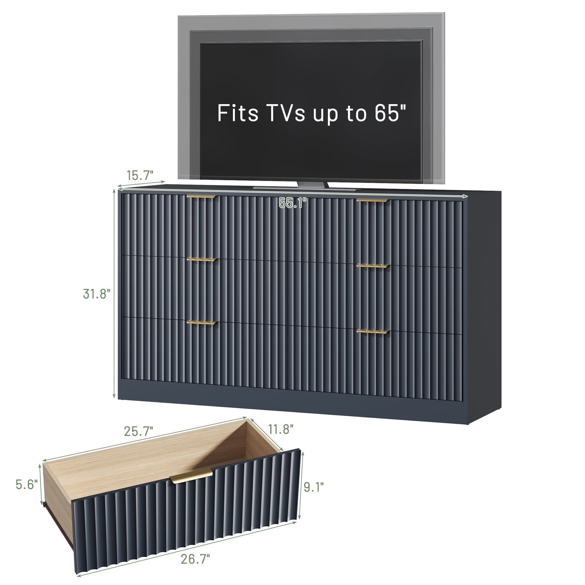 ASTUVIA 55.1" W Fluted 6 Drawer Dresser for Adult,Wooden Bedroom Dresser,Dresser TV Stand up to 65" for Living Room,Blue