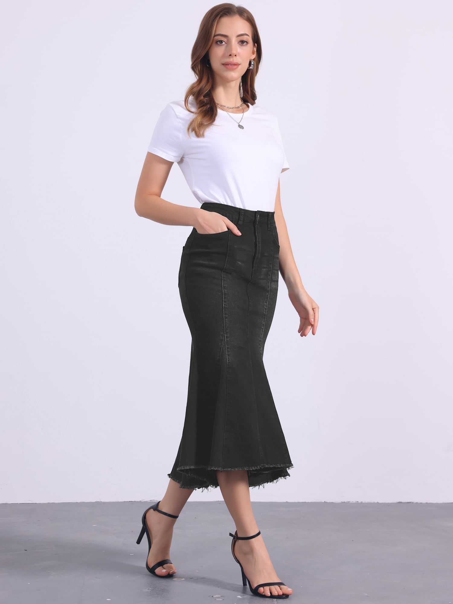DARING DIVA Women's Raw Hem Fishtail Midi Skirt with Pockets XL Black