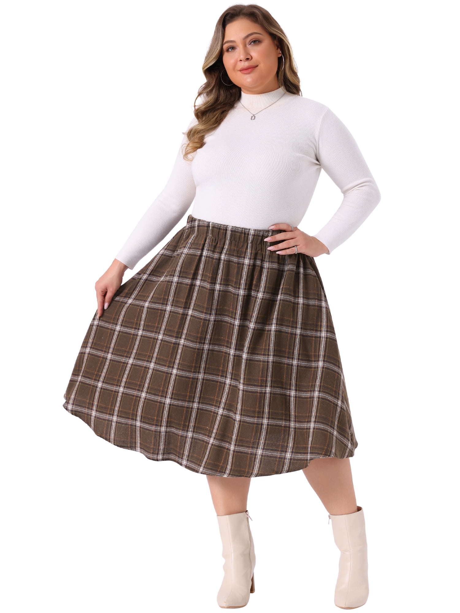 DARING DIVA Women's Plus Size A-line Plaid Printed Flare Midi Skirt 3X Brown