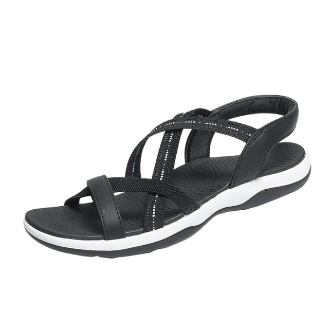 WLOELOEW Casual Elastic Solid Color Round Toe Open Toe Soft Sole Flat Sandals For Women Spring Summer Versatile Footwear Pu Material Us Size 7.5