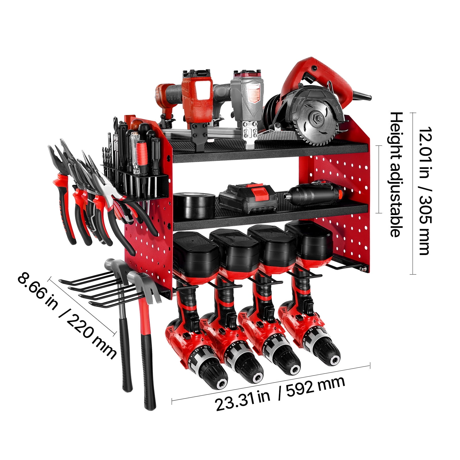 VEVOR Power Tool Organizer Wall Mount, 3-Layer Storage Rack with 4 Drill Holders, Tools Holder and Storage Rack with Side Pegboards, Garage Tool Organizer for Garage, Workbench, and Workshop