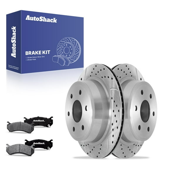 AutoShack 12.78" (324.5 mm) Rear Vented Drilled & Slotted Brake Rotors Coated   Ceramic Brake Pads | Replacement for 2006 GMC Sierra 1500 | Silver Zinc Coated | 6-PC Brake Kit | SilverShield Pro