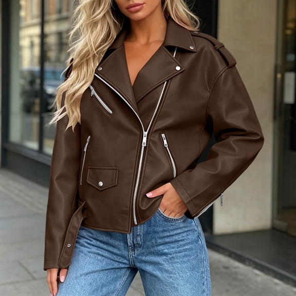Aimik Women's Metallic Faux Leather Moto Jacket Zip Up Long Sleeve Plus Size Biker Coat with Pockets