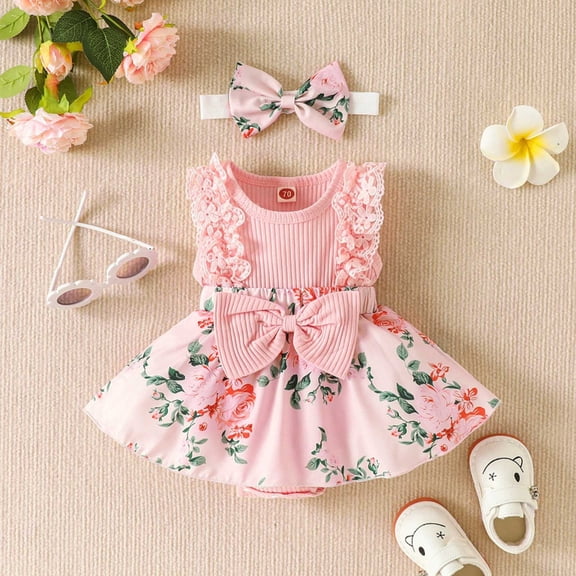 Newborn Onesies Girl Girl Sleeveless Lace Tank Jumpsuit with Bow Headband Baby Rompers Girl Pink 9-12 Months