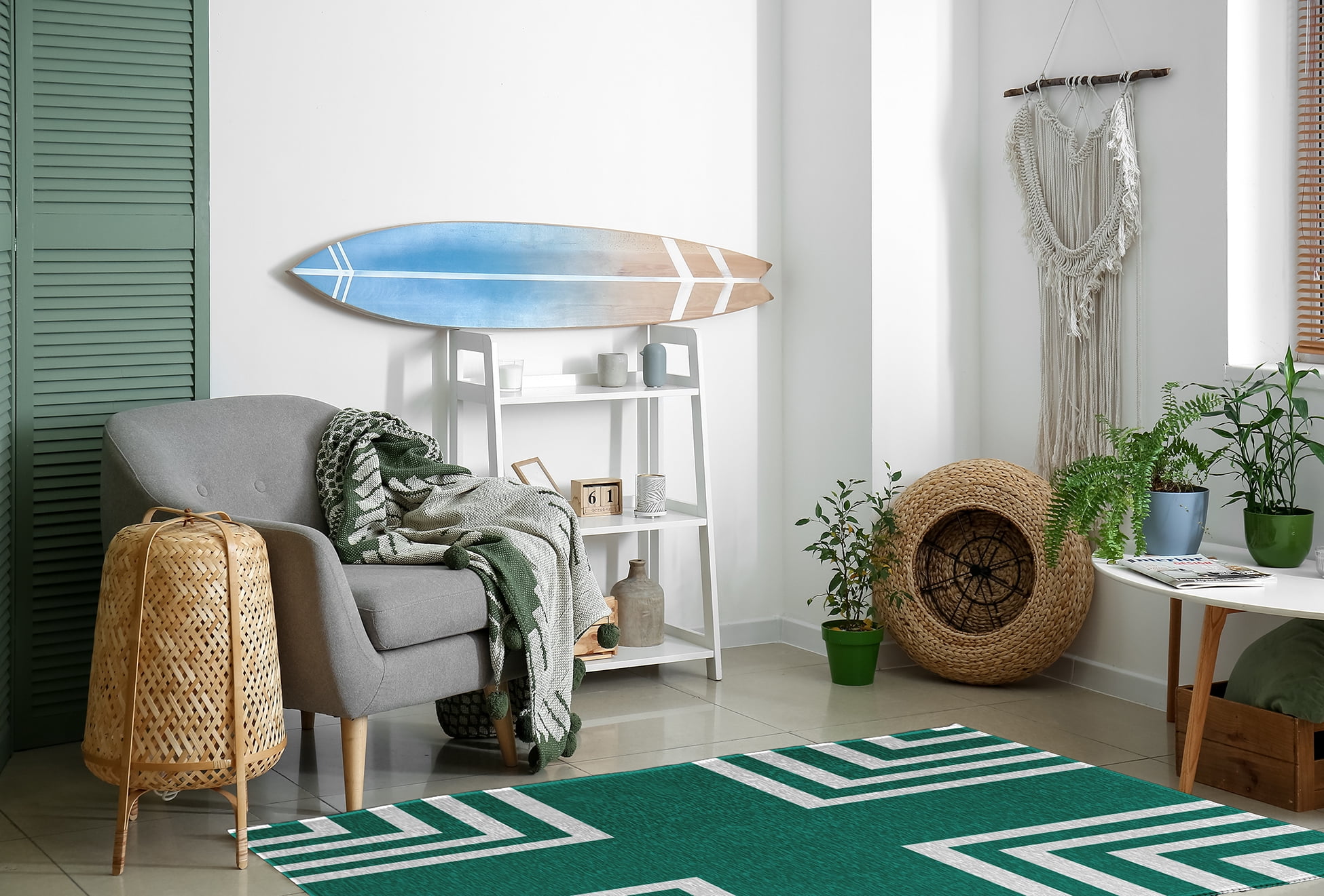 4' x 6' Simply Daisy Corner Stripes Modern & Contemporary Chenille Area Rug, Kelly Green
