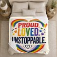 thumbnail image 4 of Rainbow Heart Arcs Framing Bold Pride Lettering, Soft Flannel Blanket with Expressive Pride Typography Print, Housewarming Gift and Home Decor for Bedroom and Living Room, 4 of 7