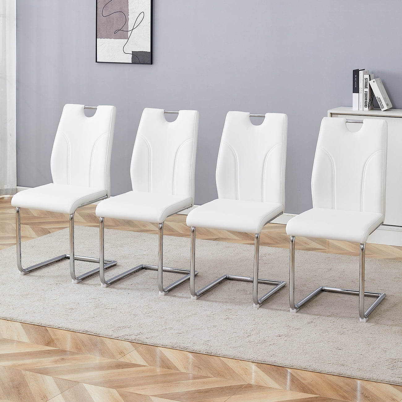 NYEESS Set of 4 White PU Dining Chairs with Silver Metal Legs, Upholstered Modern Kitchen and Dining Room Chairs
