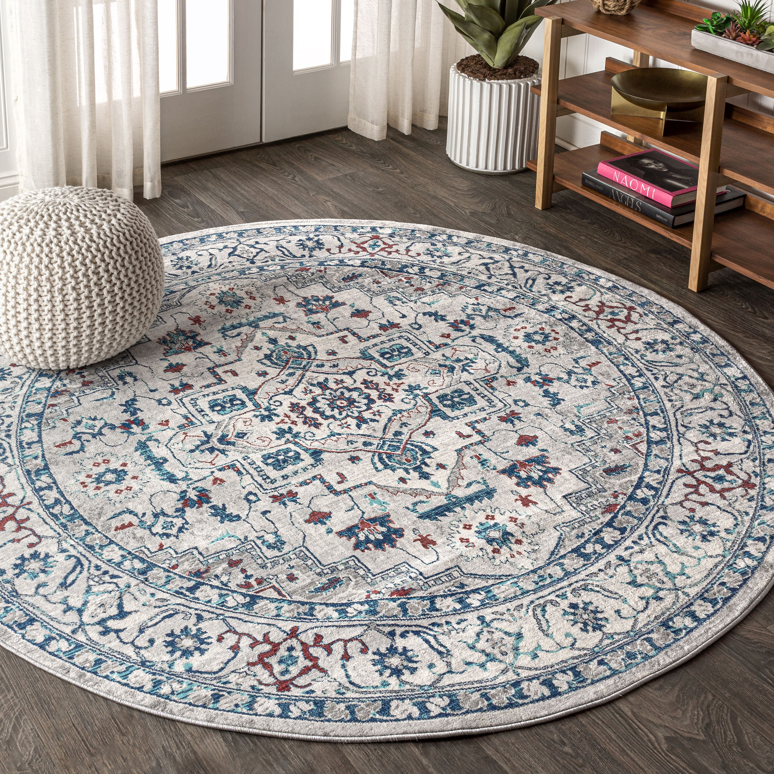 Modern Persian Vintage Medallion Light Grey/Blue 6'7" Round Area Rug