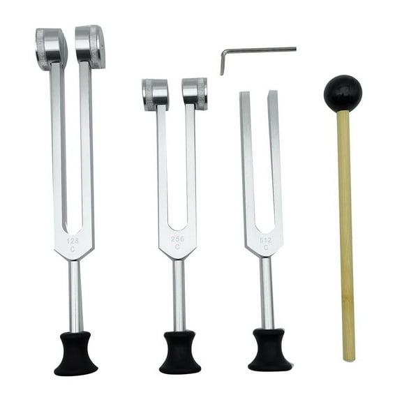 4 Pack Tuning Fork Set(128Hz, 256Hz, 512Hz)with Tuning Fork Hammer for Sound Sound Vibration Tool with Base,Silver,1 x Tuning Fork Hammer 3 x tuning forks With base,Silver