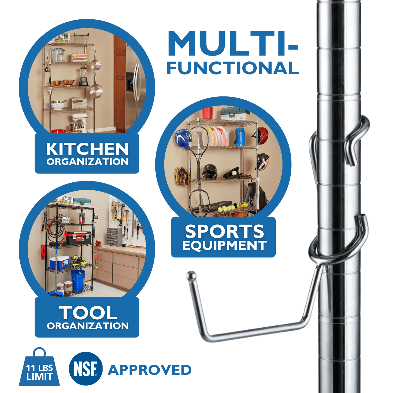 Variety Pack Shelf Pole Hooks – 5 Chrome Wire Shelving Hooks – J-Hook, C-Hook, Utility Hanger for Home & Garage Storage