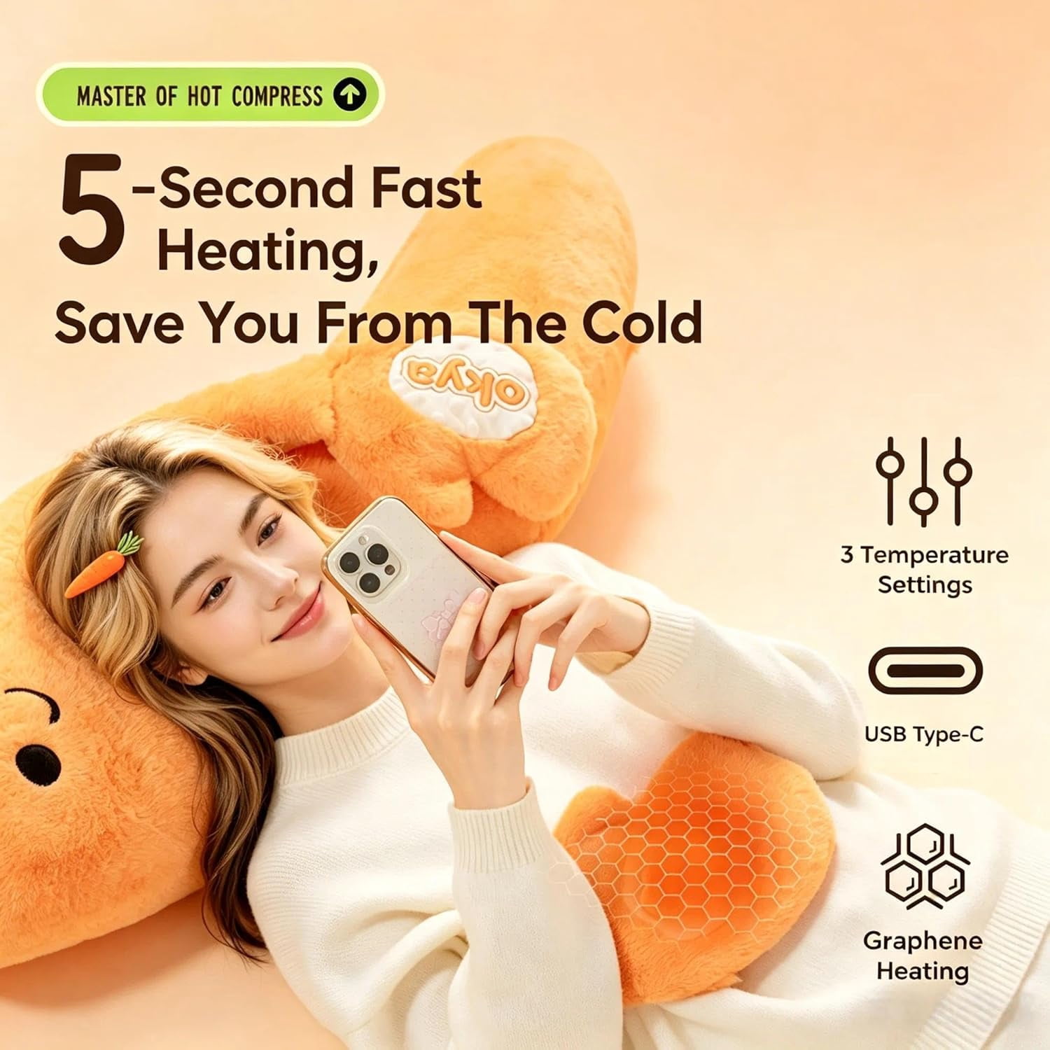 Hugging Patting Pillow for Adults, Carrot King Plush Buddy with Heating & Sleep Aid, Emotional Support Cuddle Soothe Tap Comfort Gift,patting,L