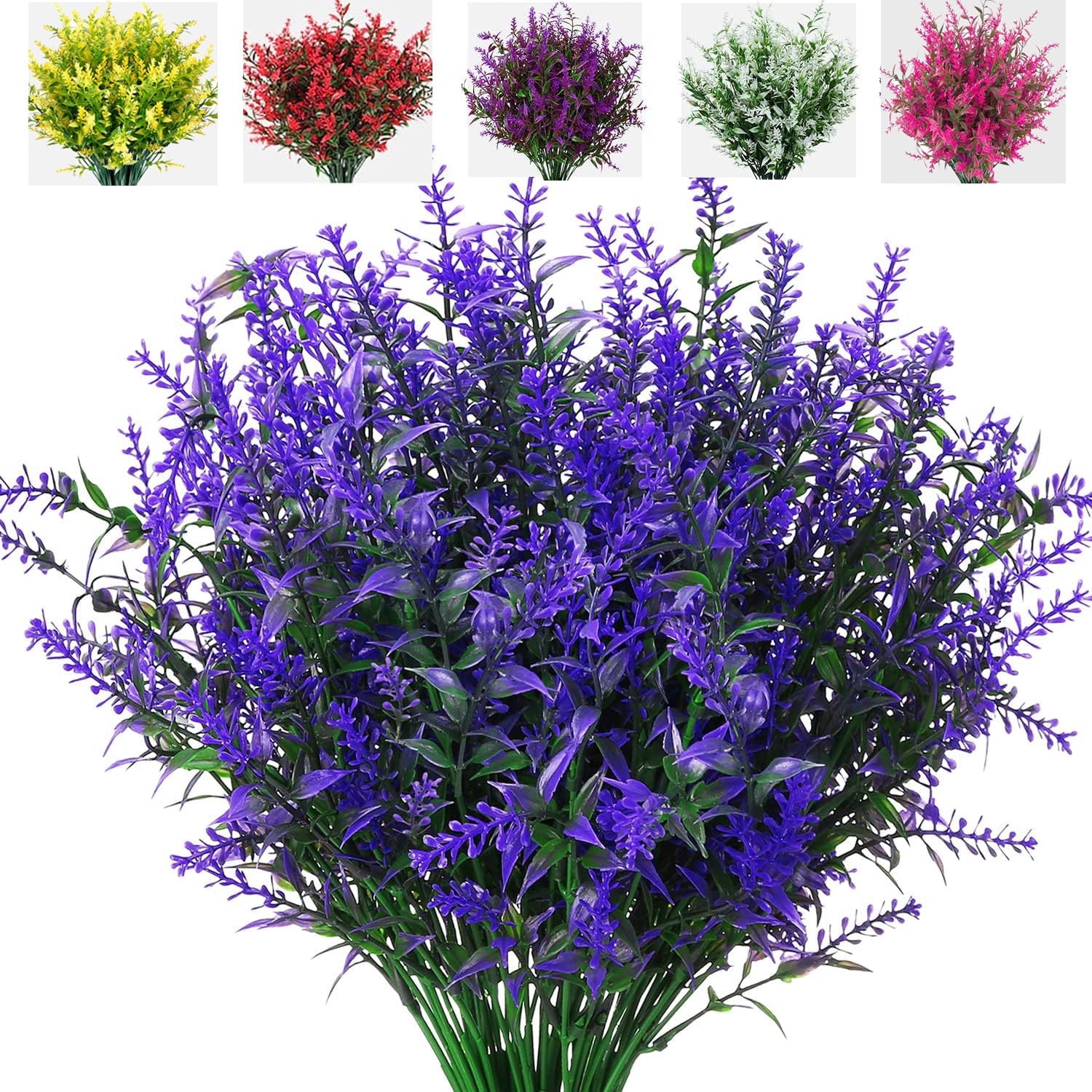 8 Bundles Artificial Lavender Flowers, UV Resistant No Fade Fake Plastic Lavender, Realistic Faux Greenery for Outdoor Garden Porch Patio Window Box, Indoor Table Centerpiece Home Wedding Decor, Pu