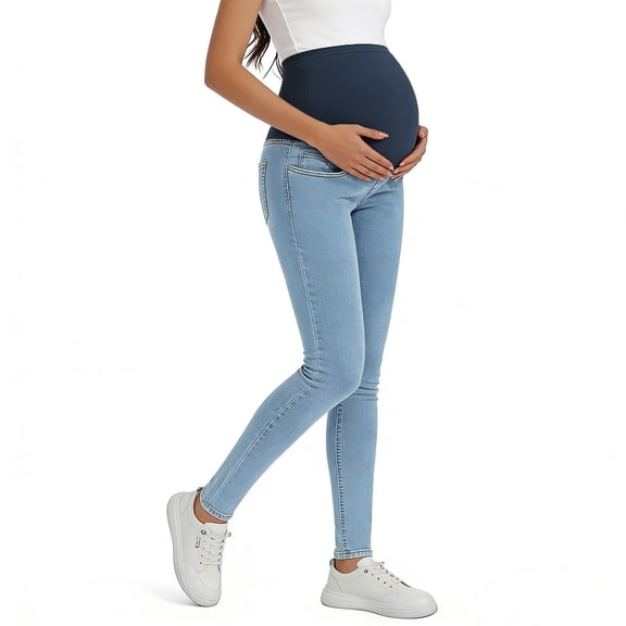 Crunowin Women's Maternity Jeans, Elastic Waist Stretchy & Tight Warm Lined Skinny Jeans Light Blue XXL