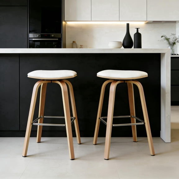 Modern 26" Counter Height Swivel Bar Stools, Set of 2, Upholstered Saddle Seat with Solid Wood Legs for Kitchen Island, Dark Walnut Beige