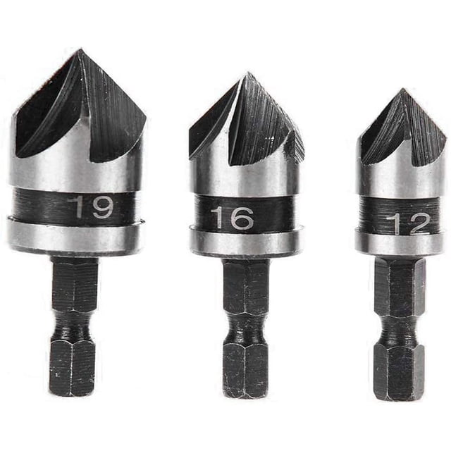 3-teiliges 90-Grad-5-Nuten-Fasenbohrer-Set für Holz, Metall, Schnellwechsel-1/4-Zoll-Sechskant-Fasenbohrer, Kohlenstoffstahl-Schneidwerkzeug