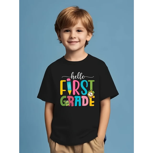 Hello First Grade" Boys' Casual T-Shirt - Vibrant "Hello First Grade" Print with Pencil & Stars, Crew Neck, Short Sleeve, Breathable Polyester, Perfect for School Season & Summ