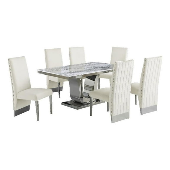 White Marble 7 piece Dining Set with Silver Stainless Steel Base