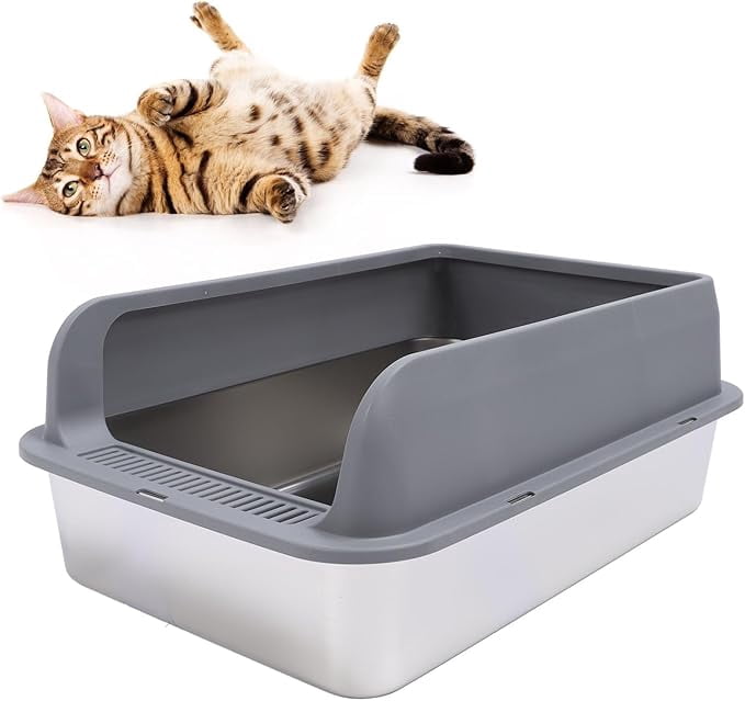2 Pack Stainless Steel Cat Litter Box, Small High Sides Litter Box for Multi Cats & Kittens, Anti-Leak Lid, Non-Stick, Odor Control, Easy Clean, Includes Scoop