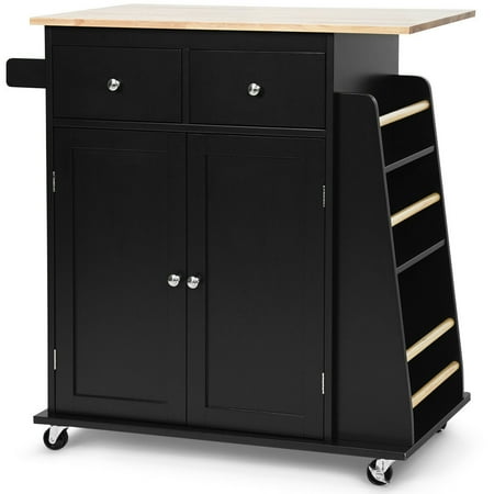 Gymax Rolling Kitchen Island Utility Trolley Cabinet Storage Spice Towel Rack Black