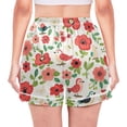 thumbnail image 3 of Women's Satin Pajama Shorts Red Floral with Birds with Pockets, Elastic Waist Sleep Lounge Shorts, 3 of 7