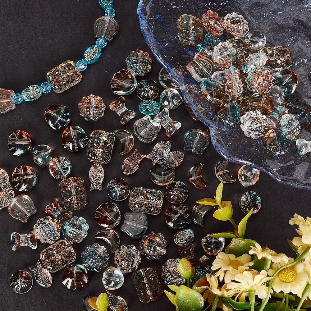 1box 240pcs 12 styles Transparent Spray Painted Glass Beads Rectangle & Sunflower & Fish & Bear & Cat Shape Mixed color 9.5~18x8~14x4~7m Hole: 1~1.4mm 20pcs/style