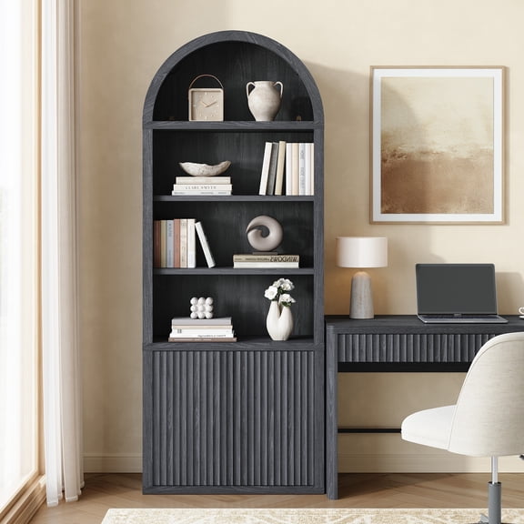 SICOTAS 82.2" Tall Arched Storage Cabinet with Fluted Doors, Large Modern 6-Tier Bookcase with Adjustable Shelves, Pantry Cabinet for Living Room, Home Office, Dining Room, Black Alder