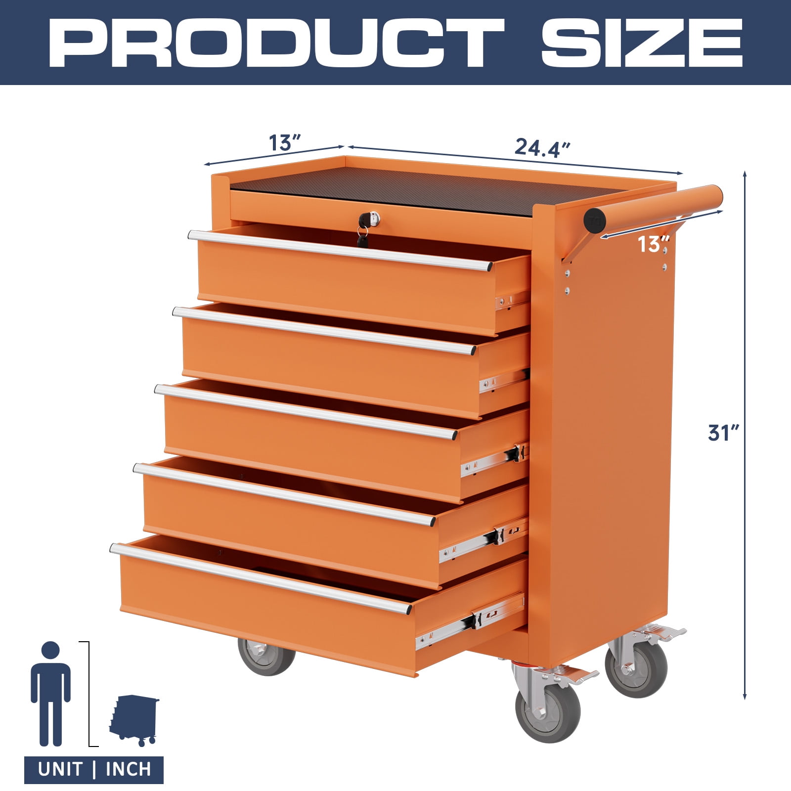 5-Drawer Tool Chest,Rolling Tool Cart with Wheels,High Capacity Tool Cabinet with Locking System for Garage, Warehouse, Workshop-Orange