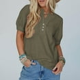 thumbnail image 4 of Wyobmus Womens Lantern Sleeve Tops Mock Crew Neck Short Sleeve Buttons Shirt Plain Waffle KniT-Shirts Loose Fit Summer Blouse Basic Tee Olive Green, 4 of 5