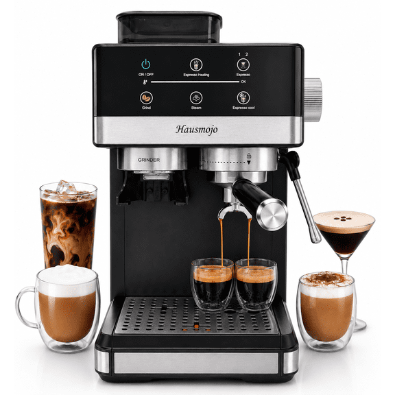 Hausmojo M5520 Espresso Machine with Grinder & Milk Frother , 20 Bar Semi-Automatic Cappuccino Latte Maker for Home