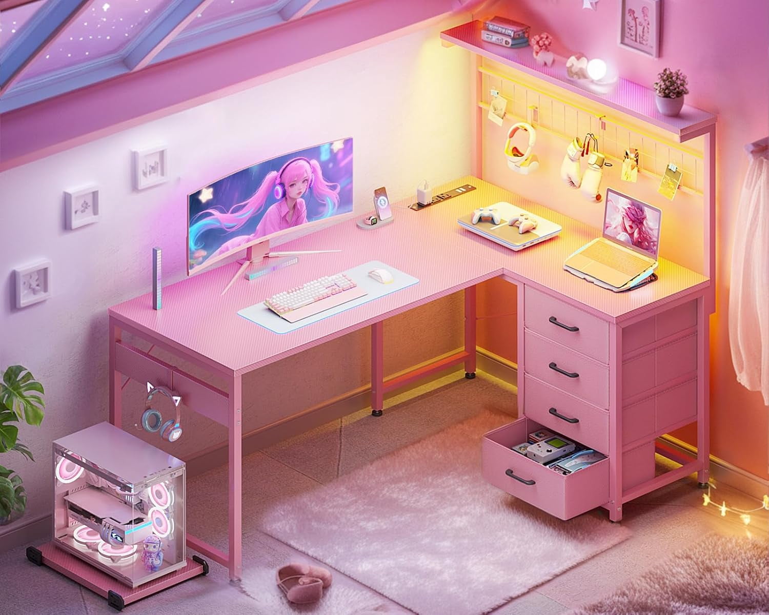 MOTPK L Shaped Gaming Desk with Drawers & LED Light & Power Outlet, 43" Reversible Computer Table with Shelves & Hooks for Home Office, Carbon Fiber Pink