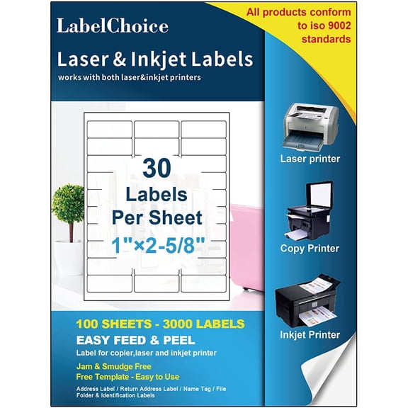 Labelchoice 100 Sheets 3000 Labels 30-up 1" x 2-5/8" Address FBA Labels for Laser & Inkjet Printers, 30 Up Labels 1 x 2-5/8 on US Letter,30 per Sheet Return Address Labels, 30 per Page Labels 1"x2-5/8"--3000 Labels