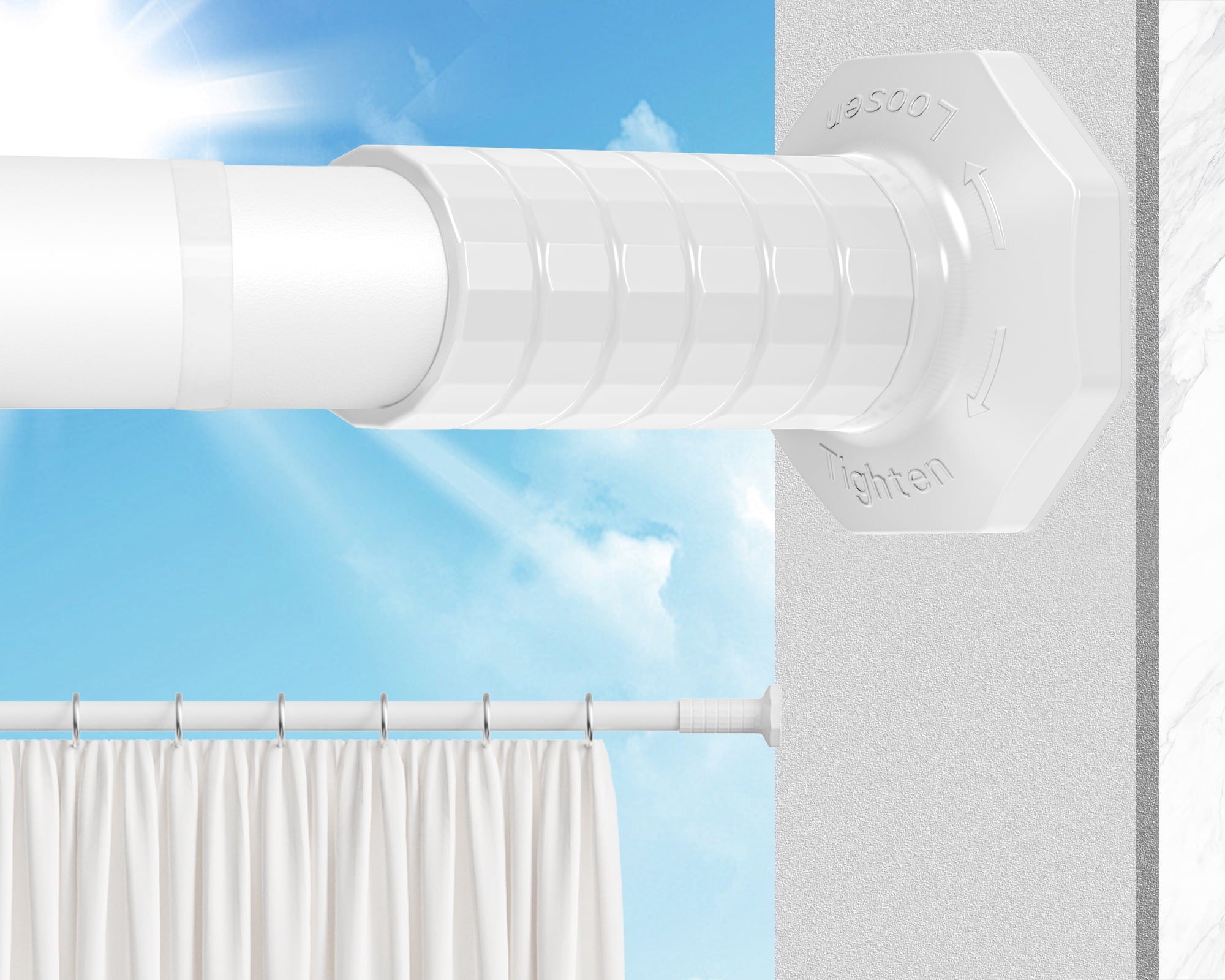 GIRACOA Octagon Tension Curtain Rod 51-148 Inches, Heavy Duty No Drill Adjustable Rod with 12 White Rings, Matte White