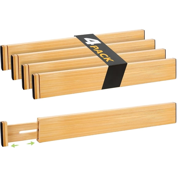 Adjustable Bamboo Drawer Dividers for Home, Spring Loaded Drawer Organizer, 4 Pack Natural