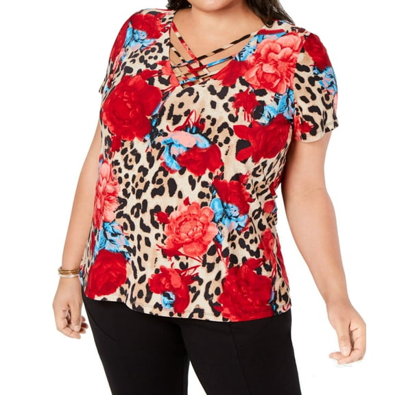 INC International Concepts Womens Plus Size Strappy V Neck Top,Leopard Tapestr,1X