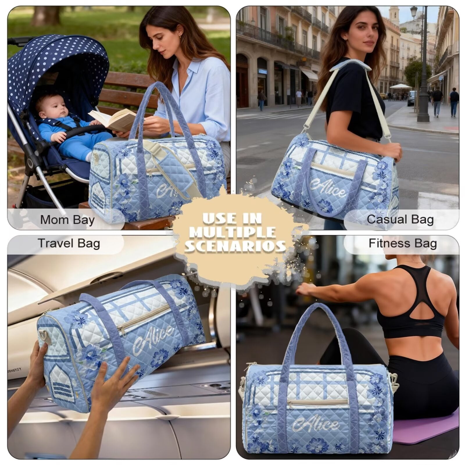 Garronmavis Blue Floral Large Quilted Duffle Bag for Women Carry On Weekender Bag Travel Bag Shoulder Gym Dance Overnight Tote with Zipper Pockets