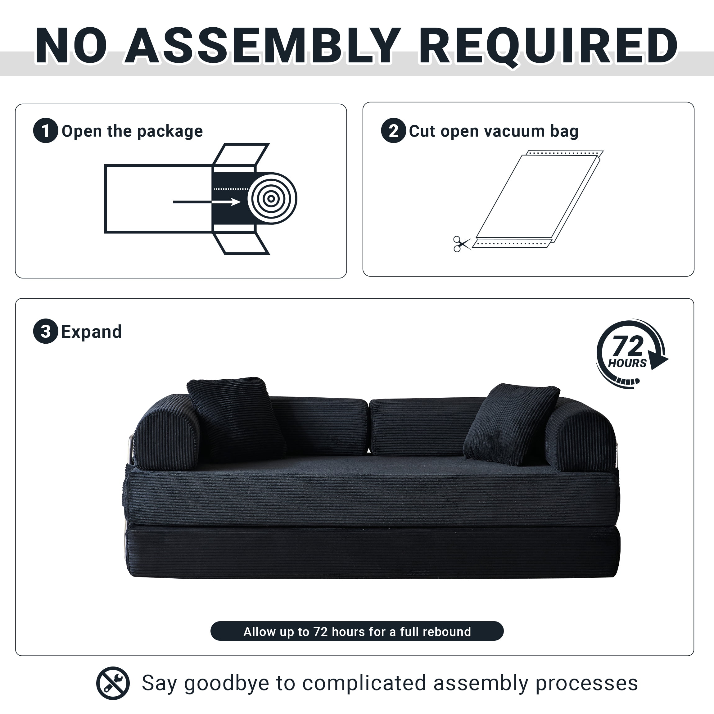 Vanress 78" Convertible Sofa Bed, Folding Sleeper Sofa Couch Bed with Fixed-Shape Frame, Pull-Out Sleeper Loveseat, Corduroy Boneless Futon Bed, No Assembly Required for Living Room & Bedroom, Black