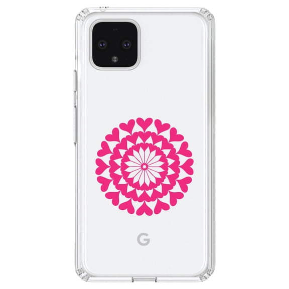 DistinctInk Clear Shockproof Hybrid Case for Google Pixel 4 (6.1" Screen) - TPU Bumper Acrylic Back Tempered Glass Screen Protector - Hot Pink Hearts Mandala