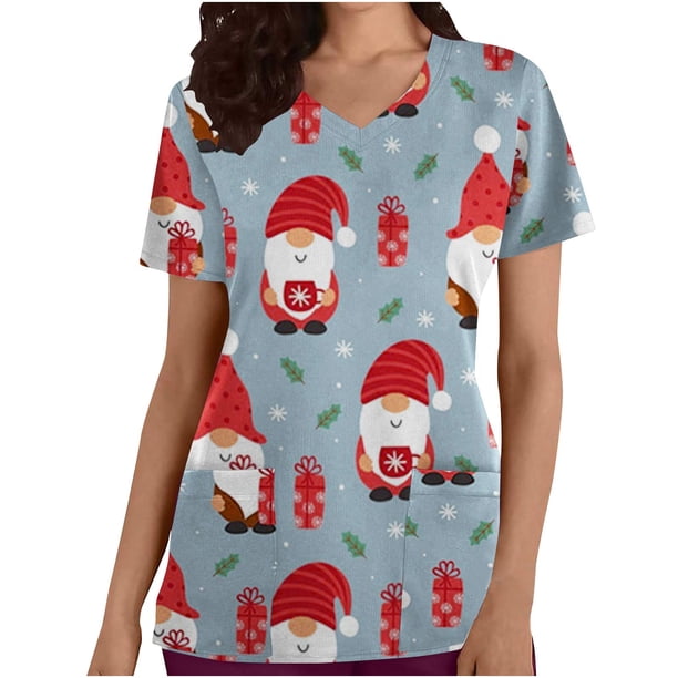 Camisas Navideñas Para Mujer Moda de Manga Corta Con Cuello en V Tops Uniforme de Trabajo Blusa Con Bolsillo de Impresión Tops Odeerbi ODB202414