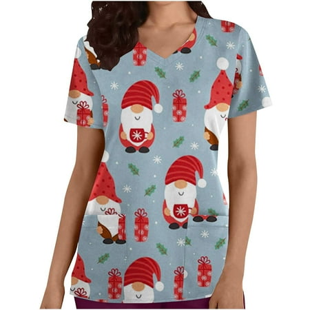 

OZUJIE Christmas Printed Scrub Tops Women Short Sleeve V-Neck Tops Working Uniform Printing Pocket Blouse Tops Blue XXL