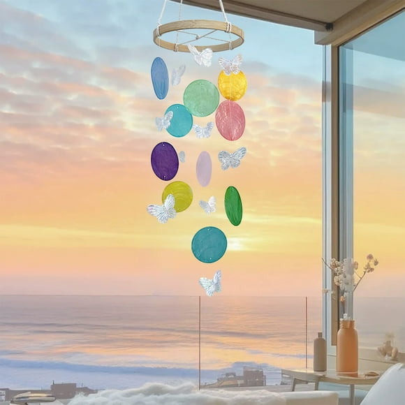 Iumwxz Carillon Éolien en Bois avec Coquilles de Papillons Transparentes Colorées 35 cm Décoration Suspendue pour Balcon Fenêtre Cour Décor Naturel Léger avec Corde Blanche et Anneau en Bois