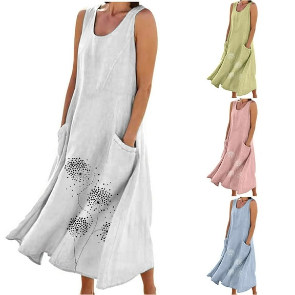 Sentmoon Cute Summer Dresses Crew Neck Sleeveless Linen Dress Women with Print Relaxed Fit Oversized Womens Long Dresses Trendy Beach Stuff for Travel and Outdoor XL
