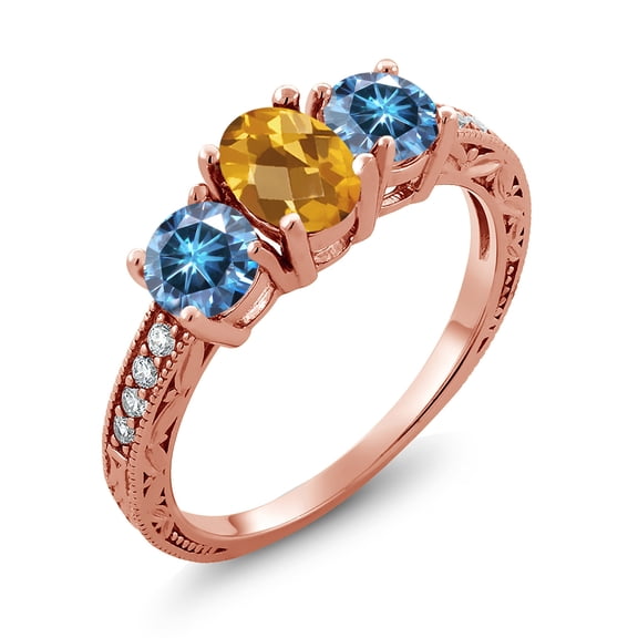 Gem Stone King 18K Rose Gold Plated Silver 3-Stone Ring Oval/Checkerboard Yellow Citrine and Vivid Persian Blue Moissanite (1.85 Cttw, Size 5)