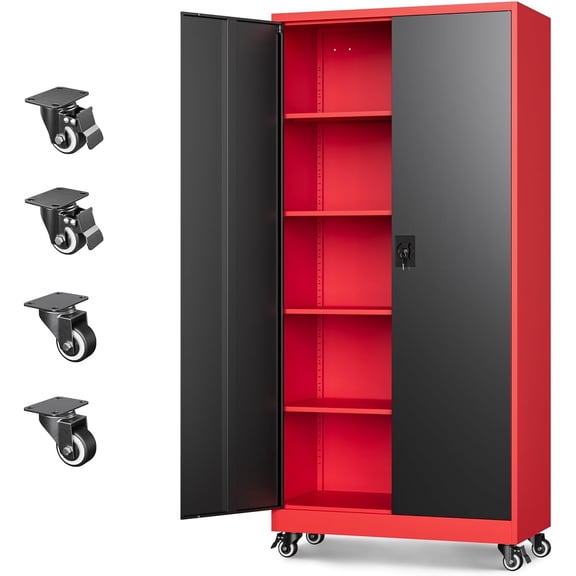 Letaya Metal Garage Storage Cabinets with Lock Door and Adjustable Shelves, Steel Tool Cabinets for Home,Office,Warehouse Organisieren (Black Red, 75" H)