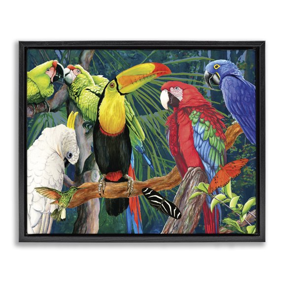 Stupell Industries Traditional Tropical Rainforest Birds Black Floating Frame Canvas Art, 31 x 25, by Christine Reichow