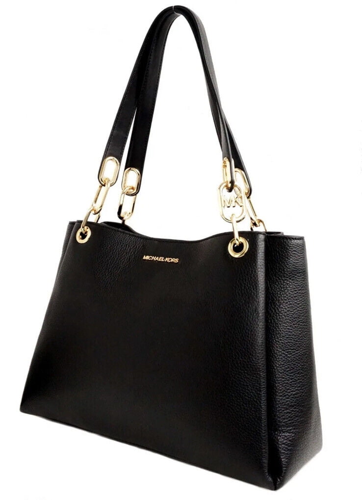 Michael Kors Black Pebbled Leather Trisha Large Tote with Triple