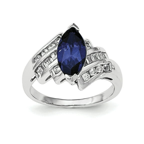 Sterling Silver Rhodium-plated Created Blue Sapphire and CZ Marquise Ring QR6351