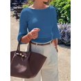 thumbnail image 6 of Women's 3/4 Sleeve Top Ruched Waist Fitted Tops for Women Crop Boat Neck Ribbed Bell Sleeve Flare Blue S, 6 of 8