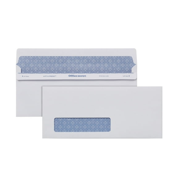 Office Depot 100% Recycled Lift  Press(TM) Window Envelopes, #10 (4 1/8in. x 9 1/2in.), White, Pack Of 500, 76171