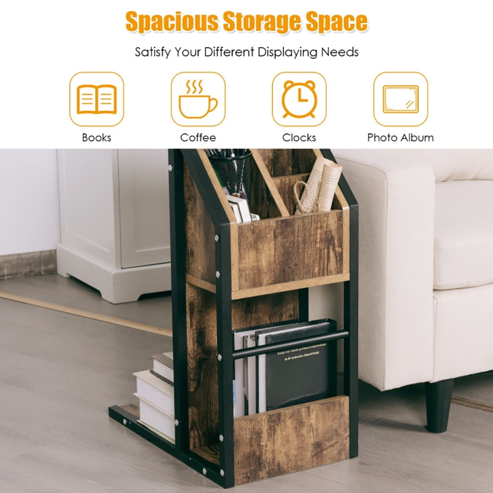 Finihen End Table, Industrial C-Shape Snack End Table with Storage Space, Sofa Side Table, Bed Side Table, for Living Room, Bedroom, Brown Finihen End Table, Industrial C-Shape Snack End Table with Storage Space, Sofa Side Table, Bed Side Table, for Living Room, Bedroom, Brown